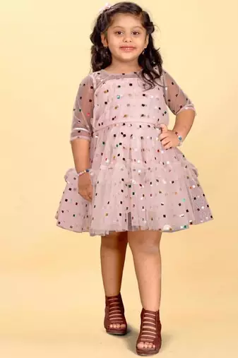 Pink net printed sequins work frock for girls