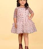 Pink net printed sequins work frock for girls