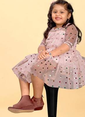 Pink net printed sequins work frock for girls 2