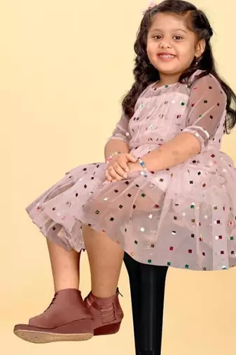 Pink net printed sequins work frock for girls