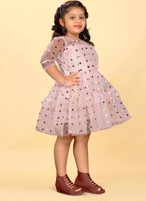 Pink net printed sequins work frock for girls 3