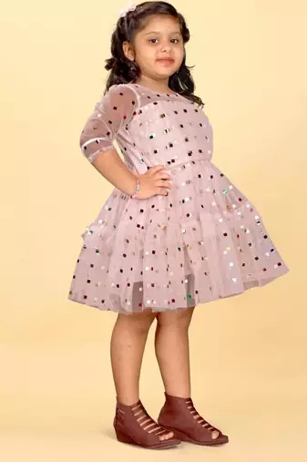 Pink net printed sequins work frock for girls