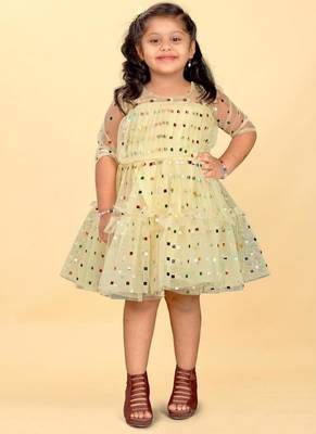 Yellow net printed sequins work frock for girls 1