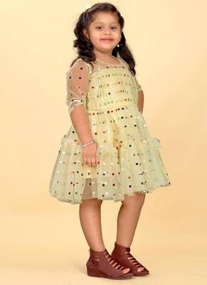 Yellow net printed sequins work frock for girls 2