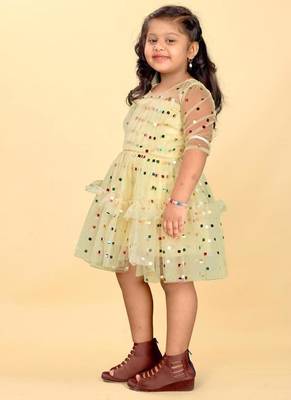 Yellow net printed sequins work frock for girls 3