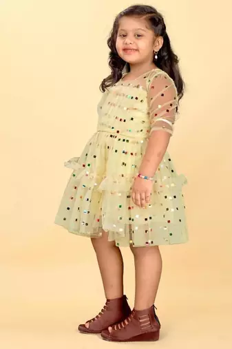 Yellow net printed sequins work frock for girls