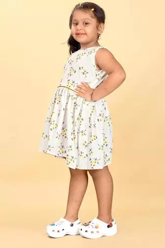White rayon printed floral print dress for girls