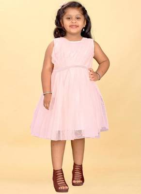 Pink net plain sequins work dress for girls 1