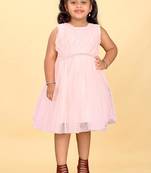 Pink net plain sequins work dress for girls