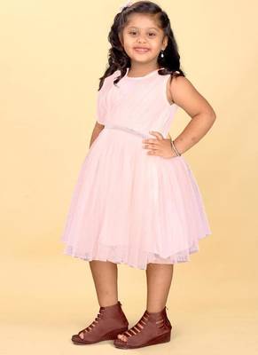 Pink net plain sequins work dress for girls 2