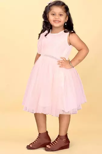 Pink net plain sequins work dress for girls