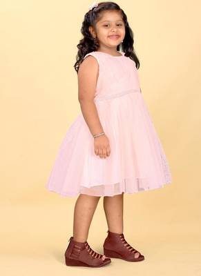 Pink net plain sequins work dress for girls 3