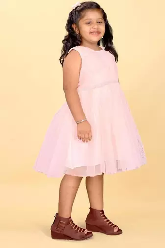 Pink net plain sequins work dress for girls