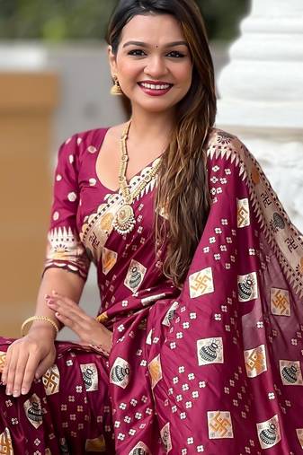 Maroon Swastik and Kalash Design Dola silk blend Saree