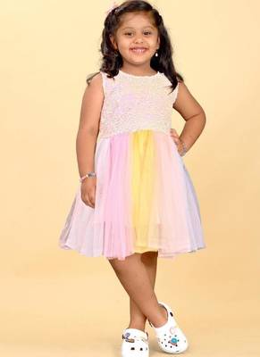 Multicolor net printed stripes print dress for girls 1