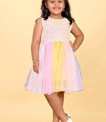 Multicolor net printed stripes print dress for girls