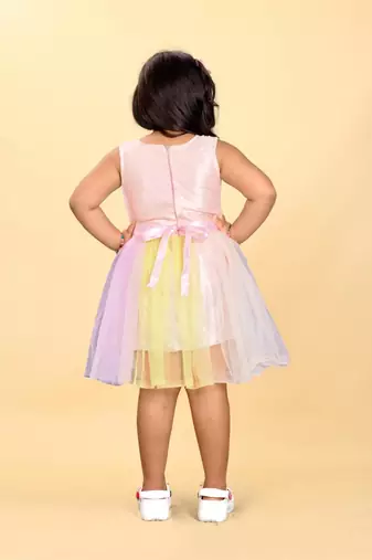 Multicolor net printed stripes print dress for girls