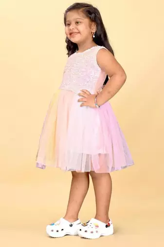 Multicolor net printed stripes print dress for girls