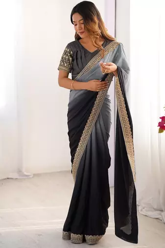 black solid chinon  saree comes with matching blouse