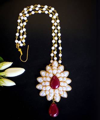   radiant pearl cluster maang tikka with maroon teardrop stone 3