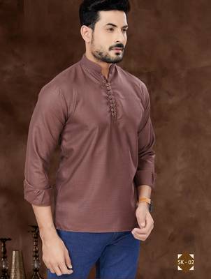 Dark brown cotton plain short kurta for mens wear 2