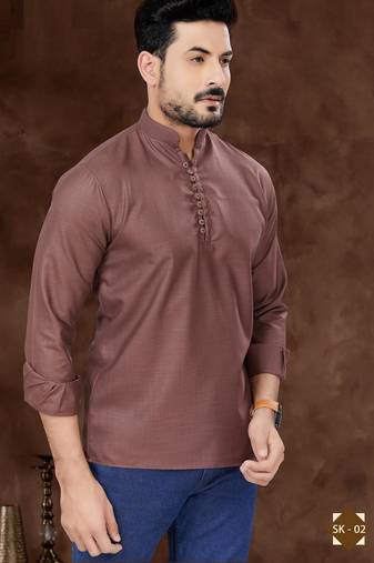Dark brown cotton plain short kurta for mens wear
