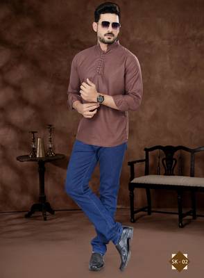 Dark brown cotton plain short kurta for mens wear 1