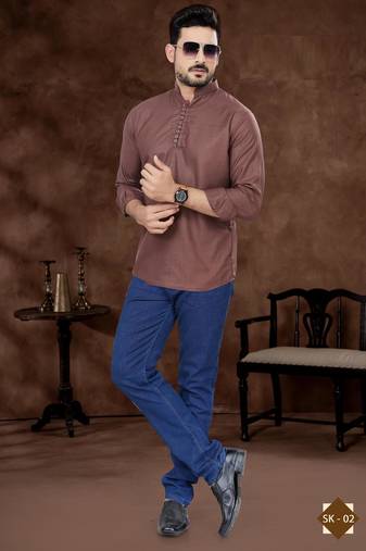 Dark brown cotton plain short kurta for mens wear
