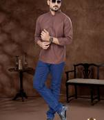 Dark brown cotton plain short kurta for mens wear