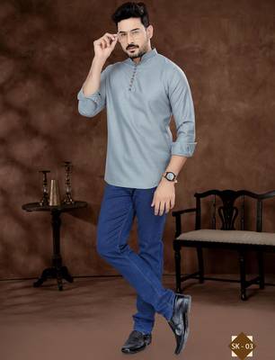 Grey cotton plain short kurta for mens wear 1