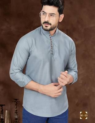 Grey cotton plain short kurta for mens wear 2