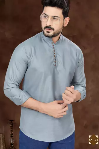 Grey cotton plain short kurta for mens wear