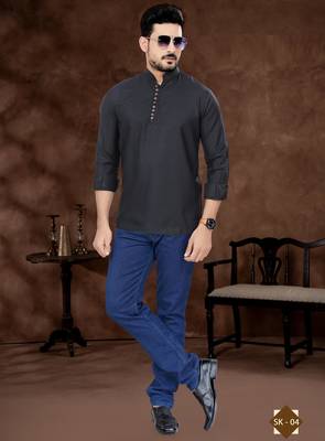 Black cotton plain short kurta for mens wear 1