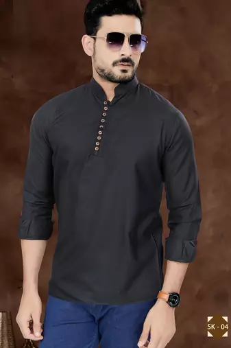 Black cotton plain short kurta for mens wear