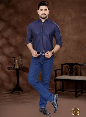 Navy blue cotton plain short kurta for mens wear 1