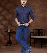 Navy blue cotton plain short kurta for mens wear