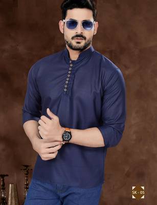 Navy blue cotton plain short kurta for mens wear 2