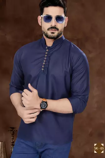Navy blue cotton plain short kurta for mens wear