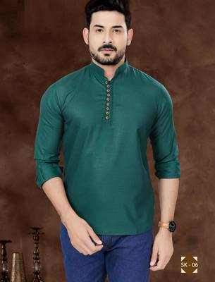 Green cotton plain short kurta for mens wear 2