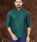 Green cotton plain short kurta for mens wear