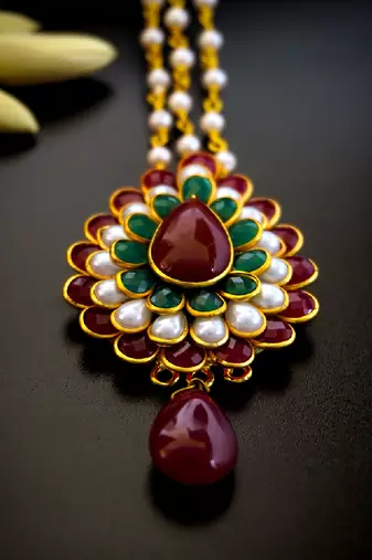 Statement multicolor floral maang tikka with pearl chain