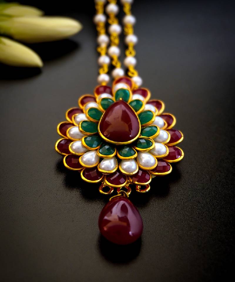 Statement multicolor floral maang tikka with pearl chain
