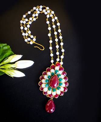 Statement multicolor floral maang tikka with pearl chain 3