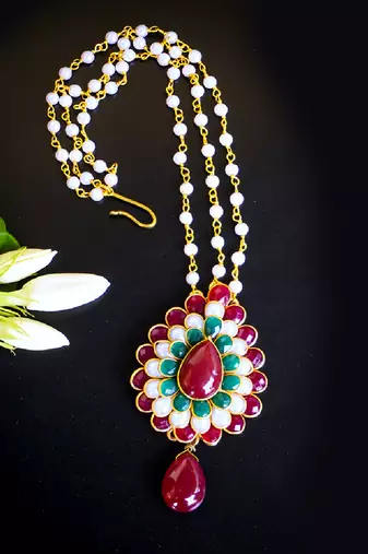Statement multicolor floral maang tikka with pearl chain