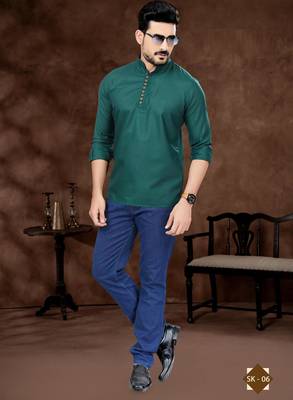 Green cotton plain short kurta for mens wear 1
