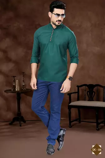 Green cotton plain short kurta for mens wear