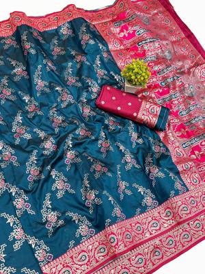 Blue Art silk blend saree with blouse 1