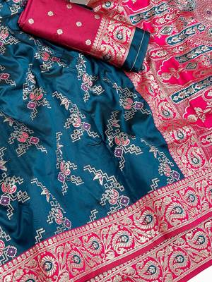 Blue Art silk blend saree with blouse 3