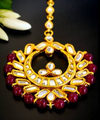   regal kundan chandbali maang tikka with ruby beads 2