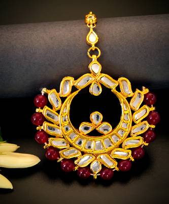   regal kundan chandbali maang tikka with ruby beads 3